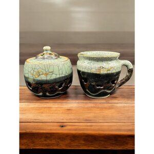 Vintage Otagiri Somayaki Soma Ware Green Crackle Horse Heart Creamer Covered Sug